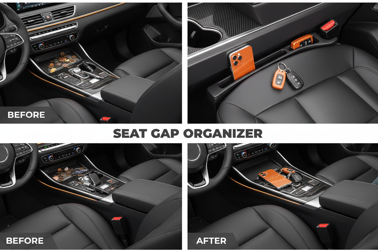 Universal Car Seat Gap Filler Strip with Anti-Drop Pad and Seatbelt Slot installed between car seat and console