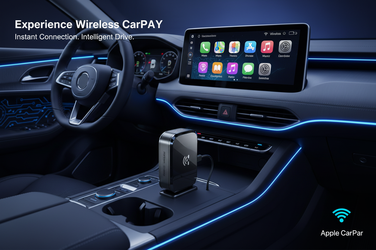 2026 Upgrade 3-in-1 Wireless CarPlay Mirror Link Adapter plugged into car USB port showing Apple CarPlay on screen