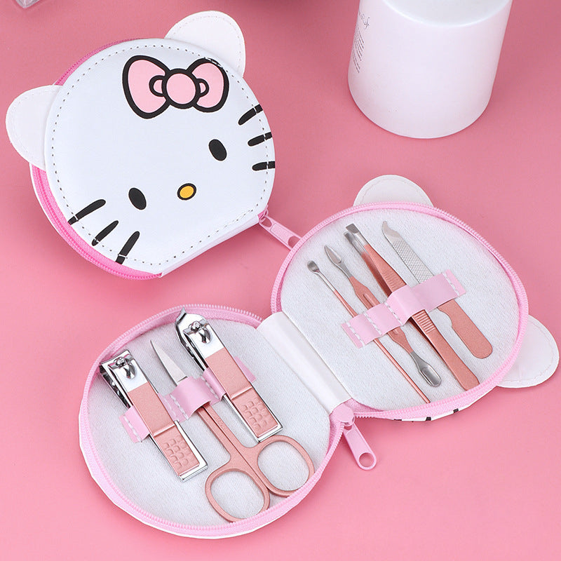 Ensemble de voyage pour coupe-ongles VNSPORT, Hello, Kitty Cat 7 en 1 en acier inoxydable, kit de manucure, pédicure et toilettage professionnel avec étui en cuir 