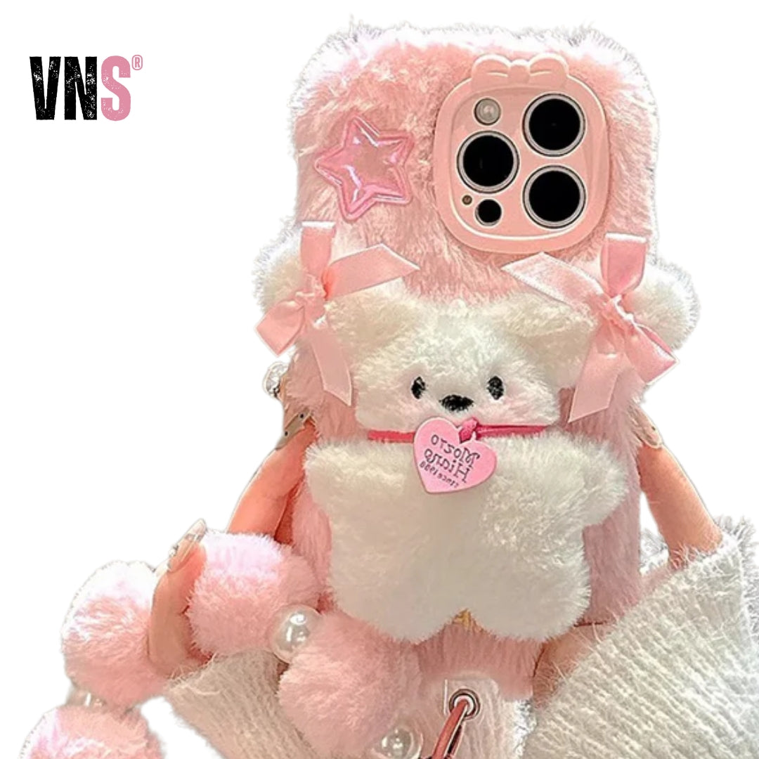 Pink Plush 3D Doll Case with Chain Cute Cell Phone Accessories For iPhone 16 15 14 13 12 11 Pro Max