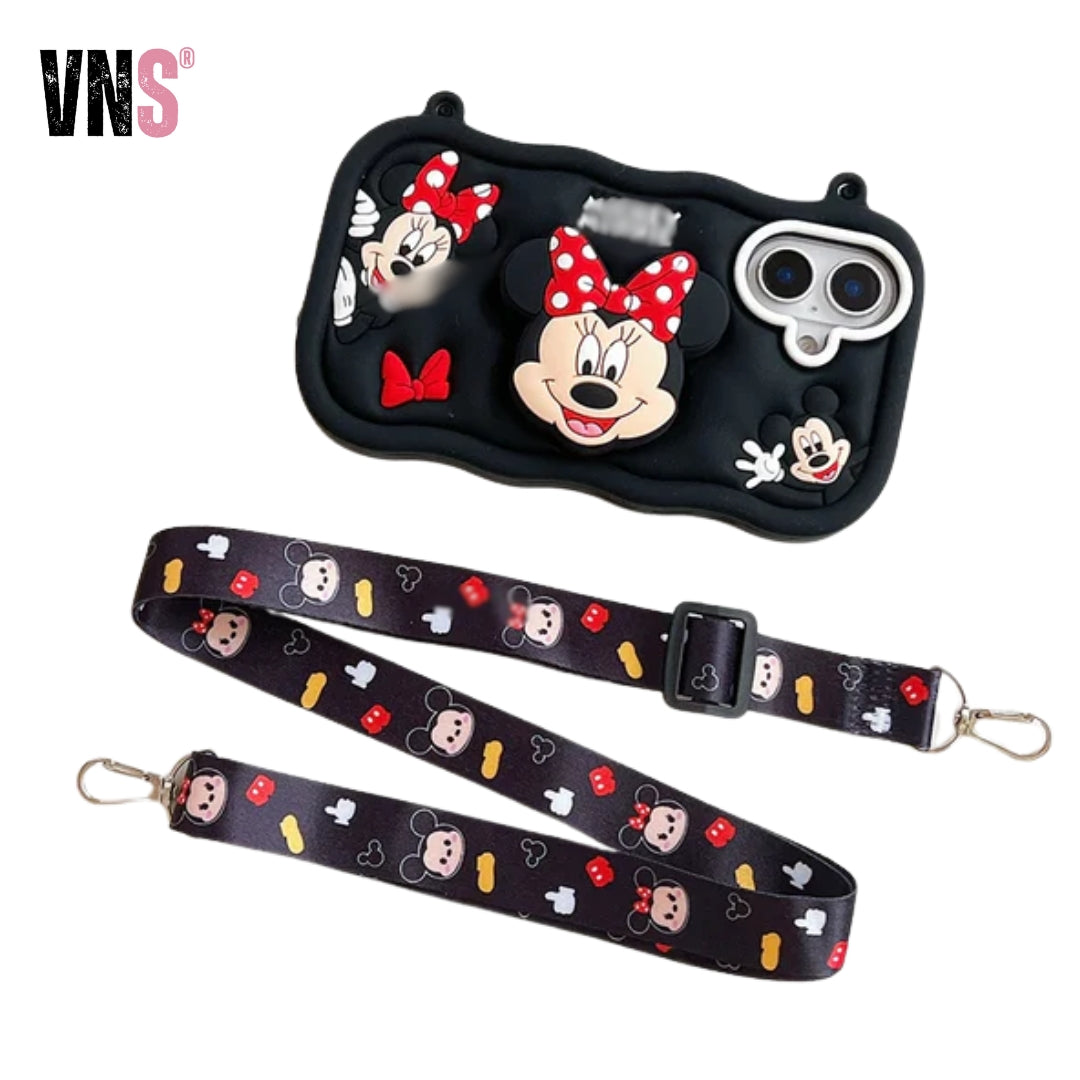 Kawaii Cartoon Case For iPhone 16 15 14 Plus 13 12 Pro Max Soft Silicone Stand Holder Cover With Strap