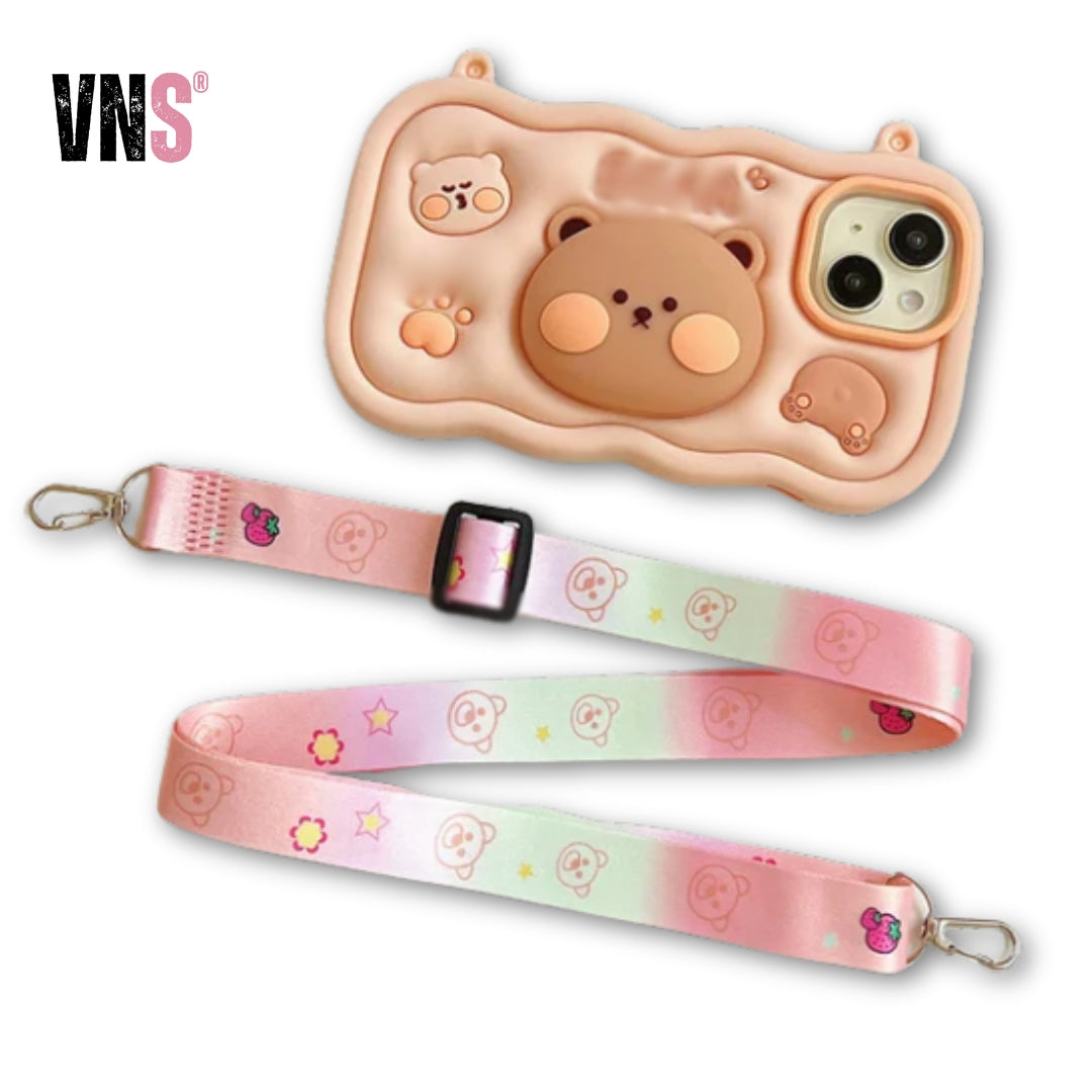 Kawaii Cartoon Case For iPhone 16 15 14 Plus 13 12 Pro Max Soft Silicone Stand Holder Cover With Strap