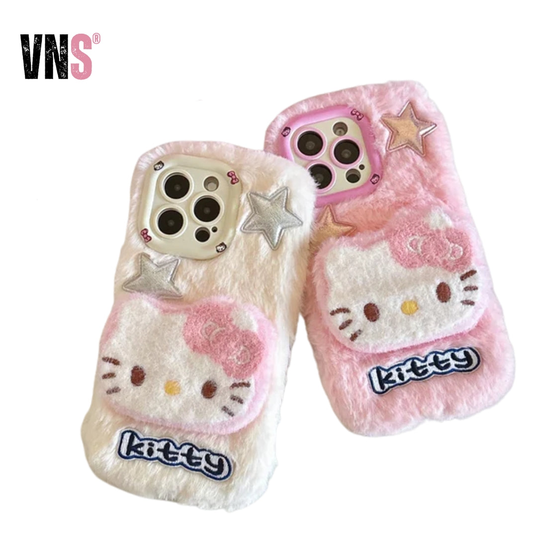Camera Holder Stand Shockproof Phone Case For iPhone 11 12 13 14 15 16 Pro Max Plus Bumper Cute 3D Fur Fluffy Cover