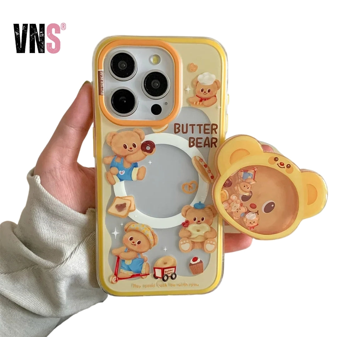 Magnetic Holder Phone Case for Iphone16 15 14 13ProMax 3D Cartoon Butter Bear High Quality  Shockproof Soft Cute Anti-drop Cover