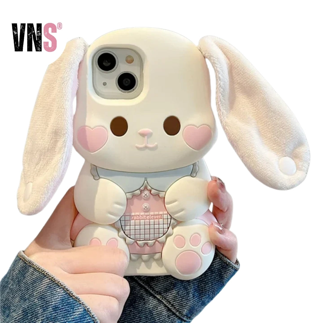 Cute Cartoon 3D portable ears Pink Love heart Face Rabbit Phone Case for IPhone 15 14 13 12Pro Max Silicone Soft Anti-drop Cover