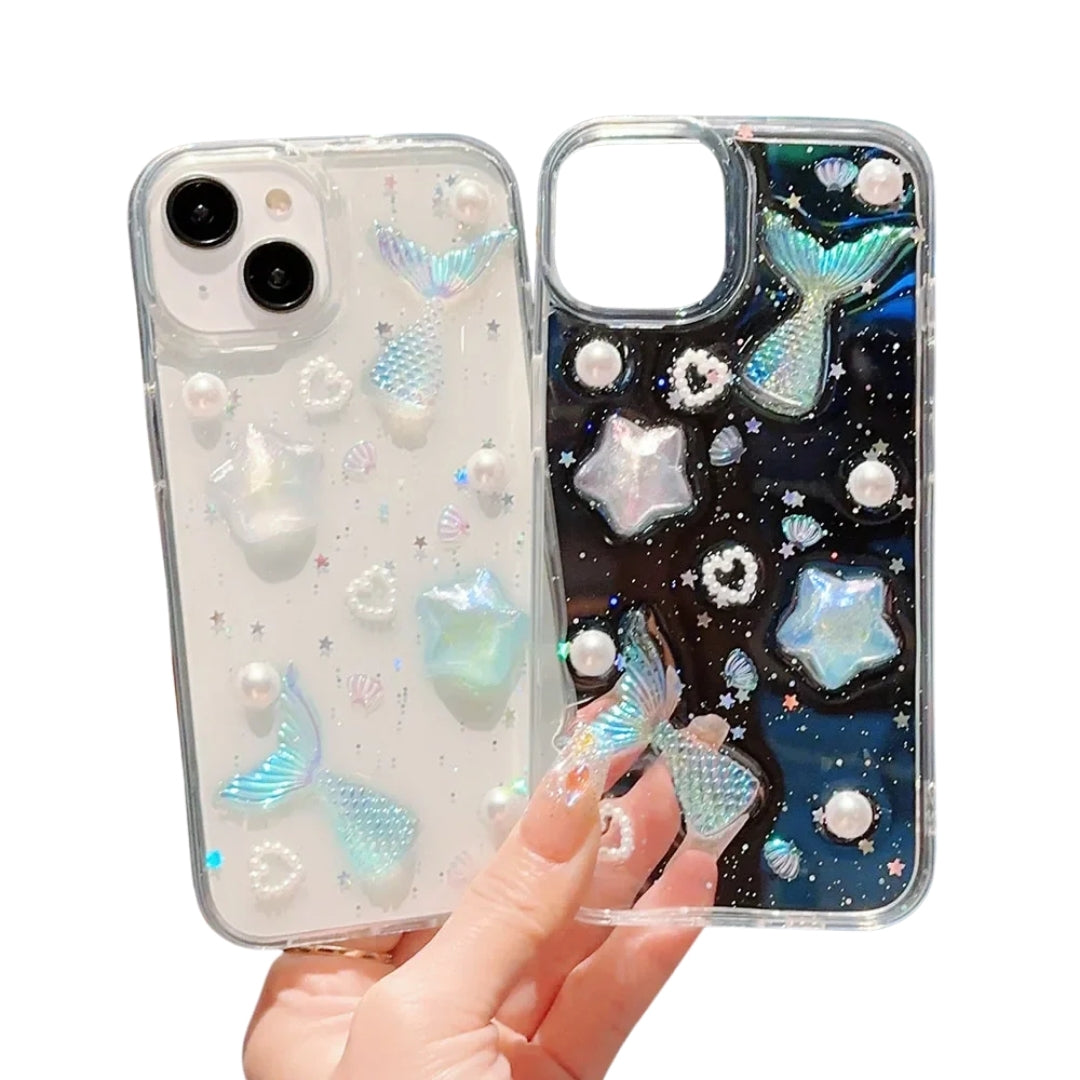 ocean mermaid starfish pearl case for iPhone16 11 12 13 14 15 Pro Max XS XR 7 8 Plus clear soft tpu anti-slip glitter back cover