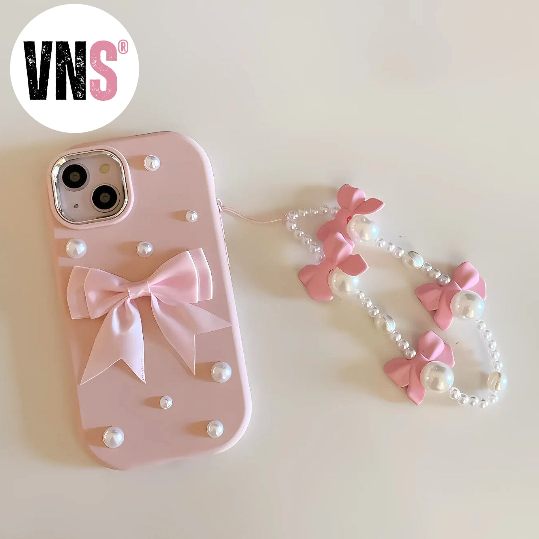 Three-dimensional bowknot Pearl phone case with chain for Apple 15 14 13 12 11 Shockproof TPU phone case