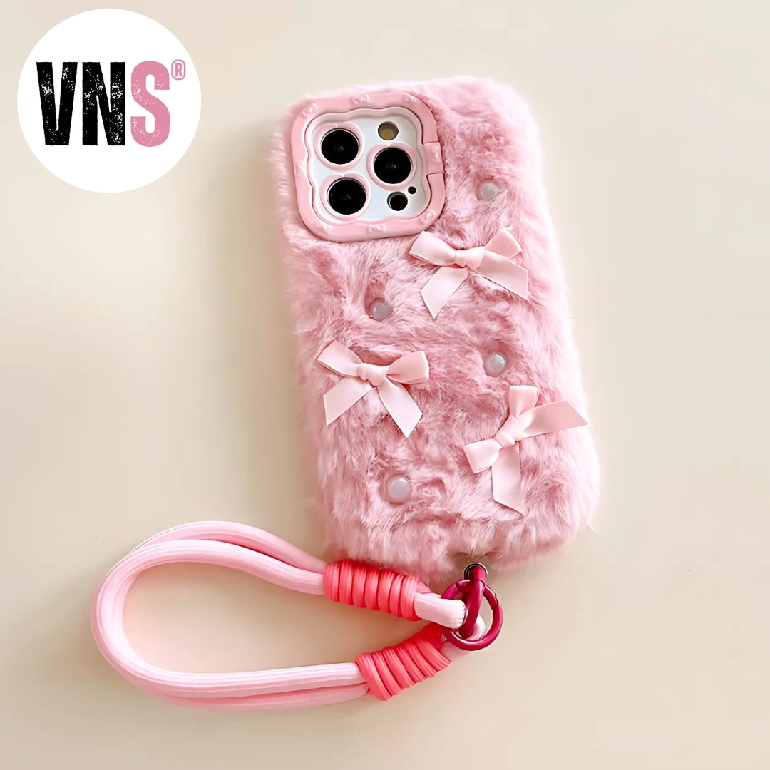 Simple Solid Color Plush Bow Pearl Plush Phone Case Phone Accessories for iPhone 16 15 14 13 12 11 Pro Max 16 15 14 Plus