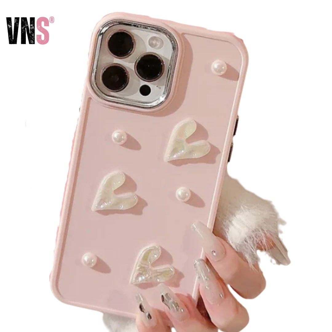 3D Cute Flower Pearl Heart Phone Case for iPhone 16 15 14 13 12 11 Pro Max Plus XS XR Shockproof Drop Protect Back Cover Luxury