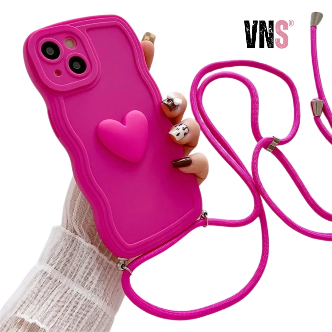 Luxury Crossbody Necklace Lanyard 3D Love Heart Wave Border Soft Case For iPhone 16 15 14 Pro Max 13 12 11 X XS XR 7 Plus Cover