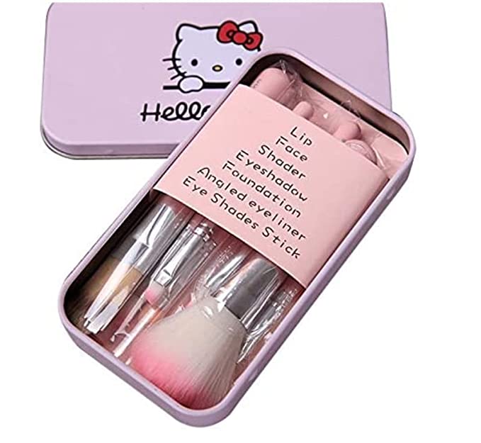 VNSPORT Lot de 7 pinceaux de maquillage professionnels doux en forme de chat Hello Kitty rose avec boîte, cadeau d'anniversaire pour les fans de Hello Kitty 