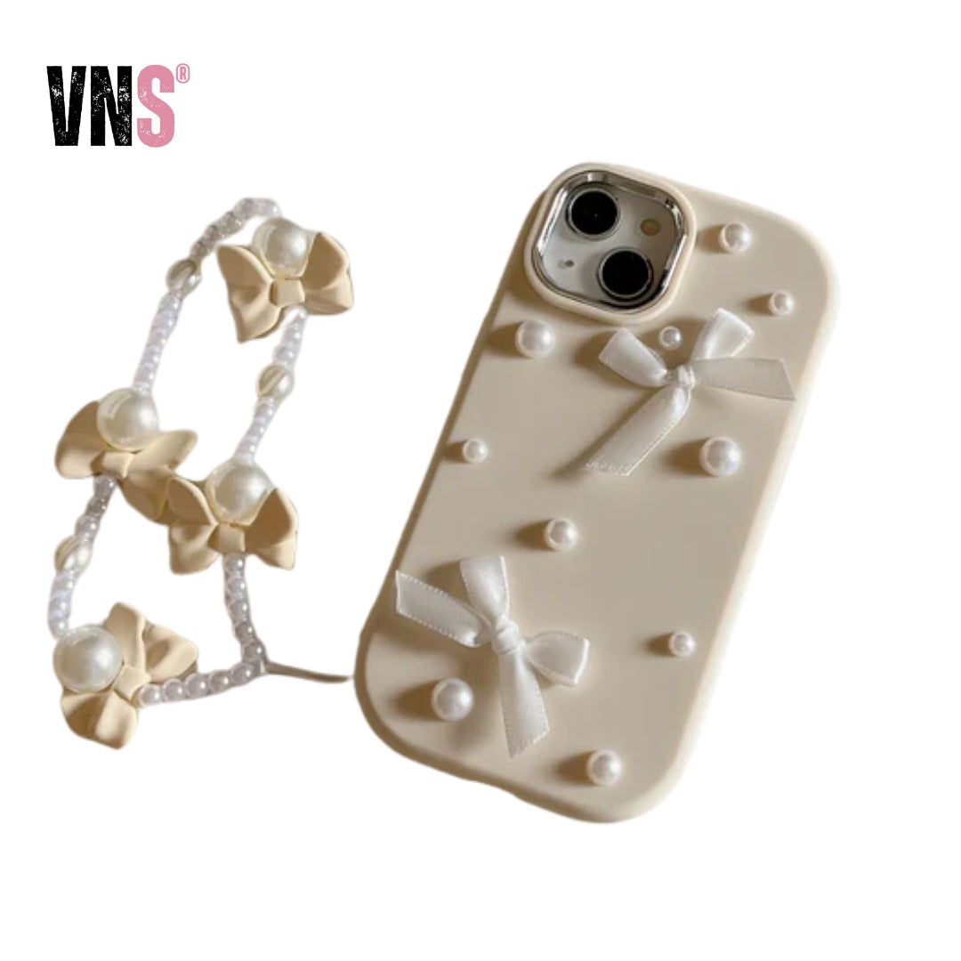 For iPhone 15 14 13 12 11 Pro Max Case 3D Pearl Bowknot Drop-proof Silicone Protective Cover