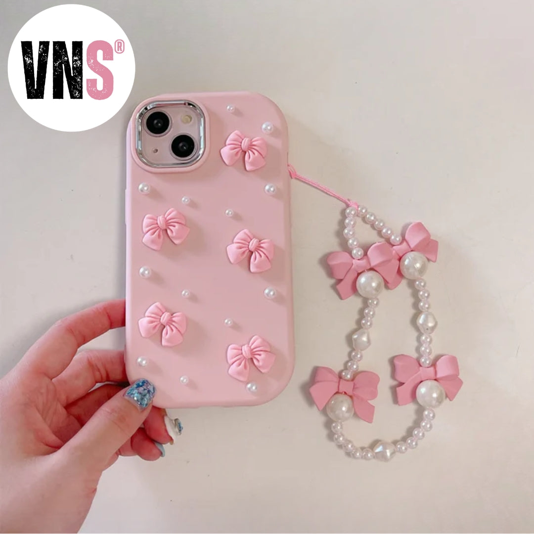 Cartoon Stereoscopic Bowknot Pearl Phone Case For iPhone 15 14 13 12 11 Pro Max All-inclusive Cute TPU Phone Case With Chain
