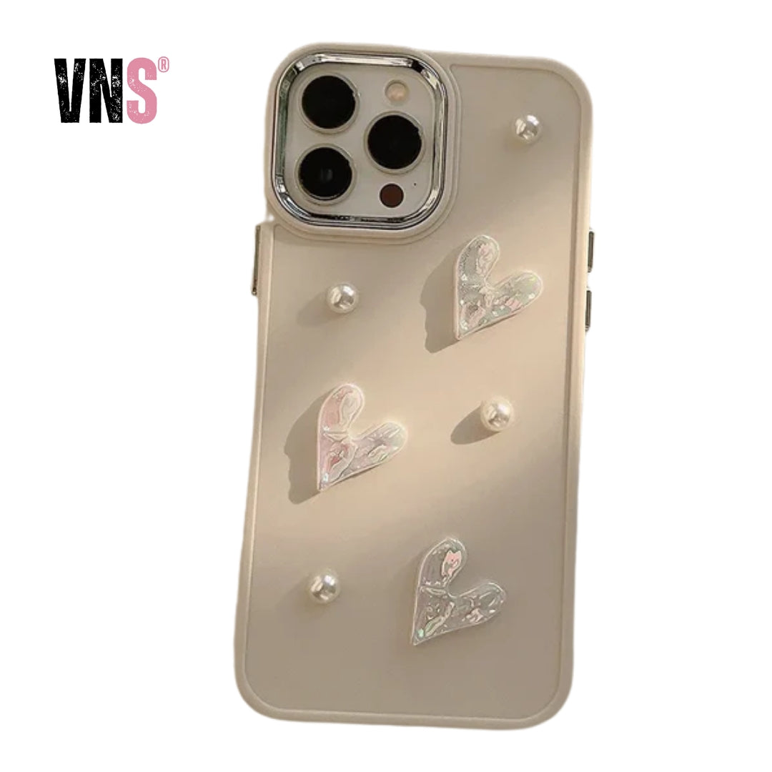 3D Cute Flower Pearl Heart Phone Case for iPhone 16 15 14 13 12 11 Pro Max Plus XS XR Shockproof Drop Protect Back Cover Luxury