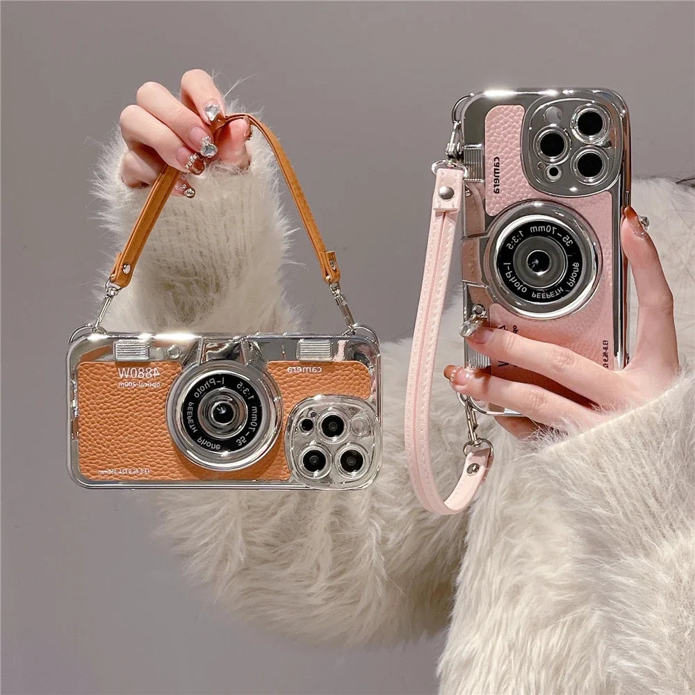 Luxury Retro Stereo Camera Hand with Lanyard Phone Case For iPhone 16 15 14 Plus 13 12 11 Pro Max Leather Pattern Case