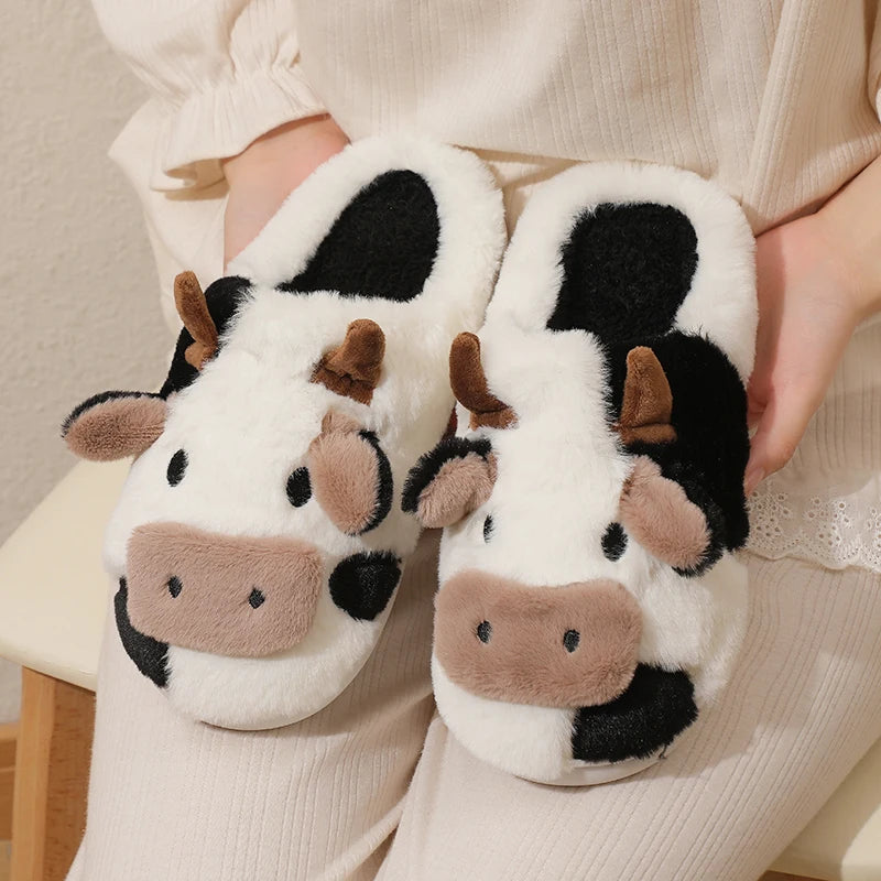 VNSPORT Winter Unisex Cartoon Cow Warm Plush Slippers