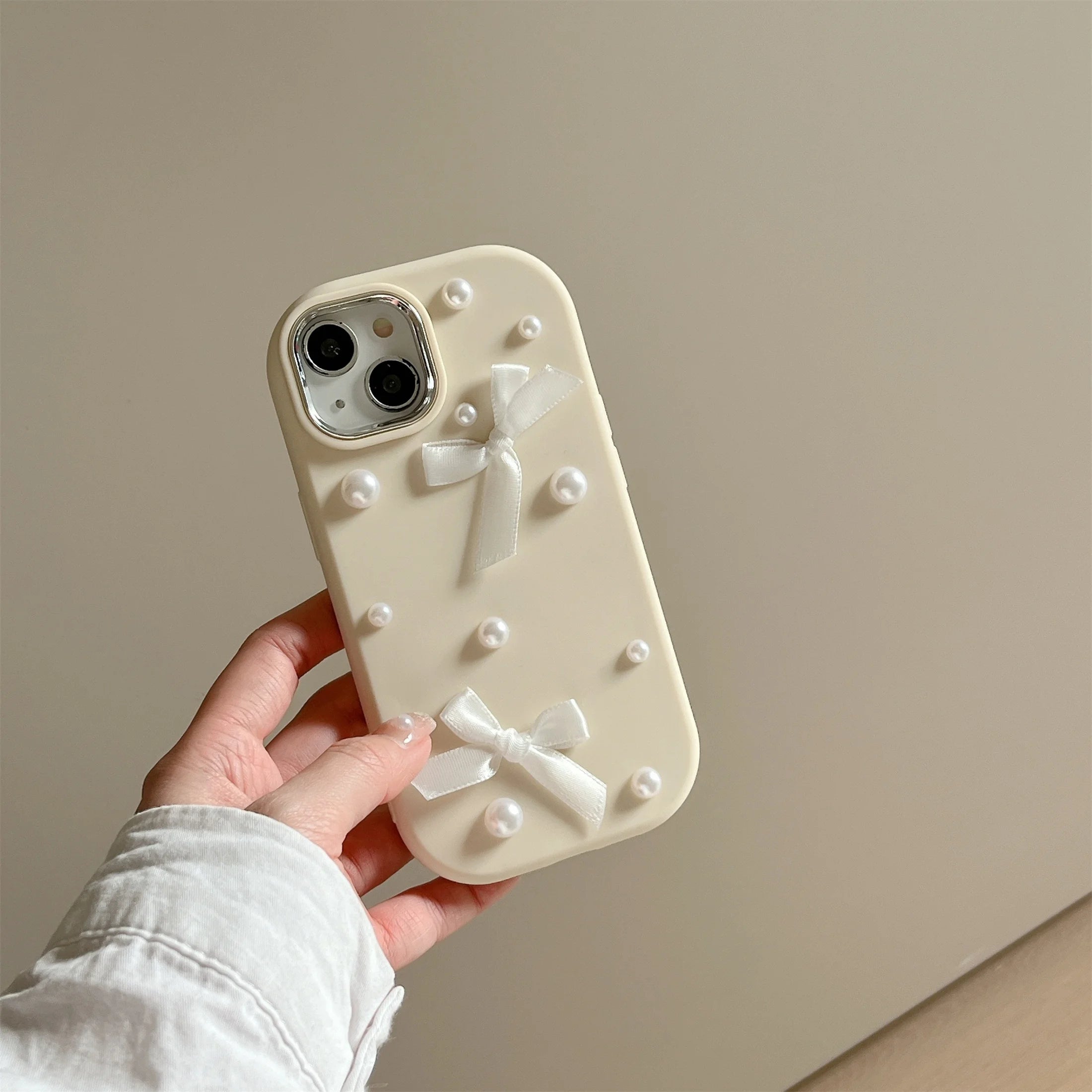 For iPhone 15 14 13 12 11 Pro Max Case 3D Pearl Bowknot Drop-proof Silicone Protective Cover