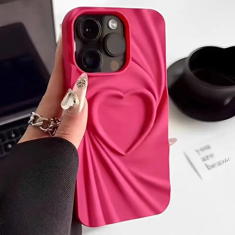 Phone Case For iPhone 13 14 15 Pro Max 16 Plus 11 12 ProMax Soft Matte Silicone Full Cover Fashion Fold Wrinkle 3D Love Heart