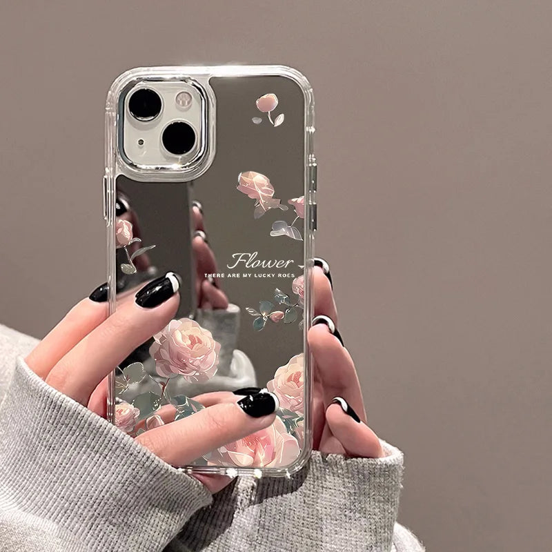 Rose Flower Phone Case For iPhone 16 Pro Case Funda iPhone 13 11 12 14 15 Pro Max Plus XR X XS Shockproof Make Up Mirror Cover