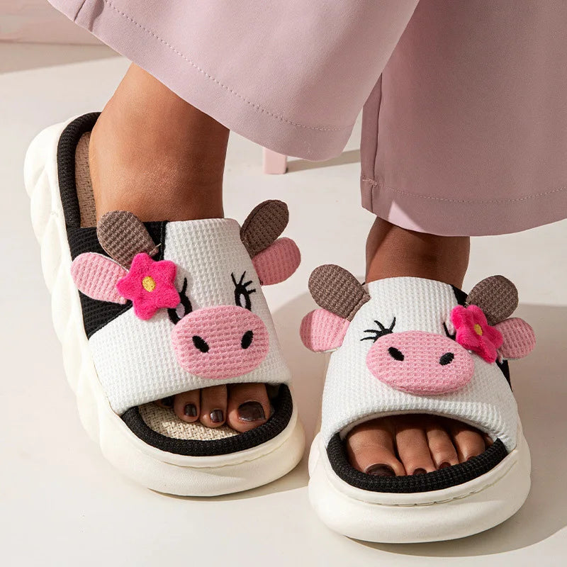 Cartoon Cute Cow House Slippers for Women – Platform Soft Sole, Anti-Slip, Lightweight Warm Plush Indoor Cozy Slides