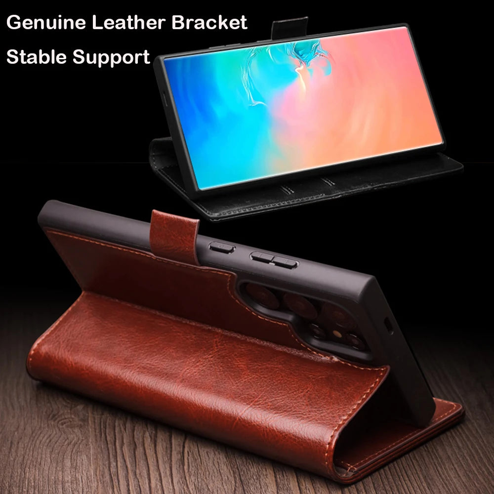 Genuine Leather Phone Case for Samsung S25+ Plus 5G Business Style Fashion Luxury with Card Slots Cover for S25 Ultra 5G