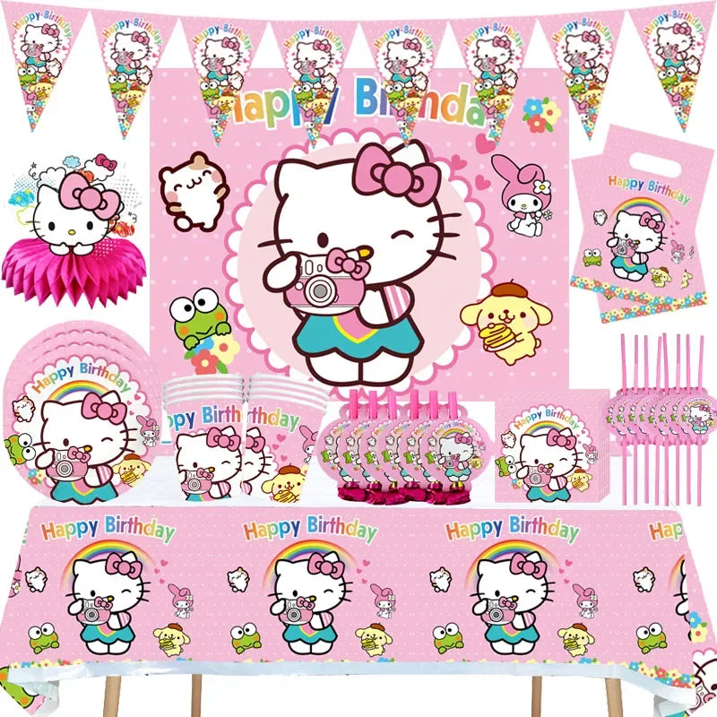 VNSPORT Hello Kitty Party Tableware Set - Cups, Plates, Napkins, Straws for Kids