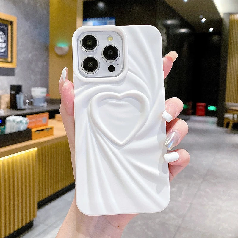 Phone Case For iPhone 13 14 15 Pro Max 16 Plus 11 12 ProMax Soft Matte Silicone Full Cover Fashion Fold Wrinkle 3D Love Heart