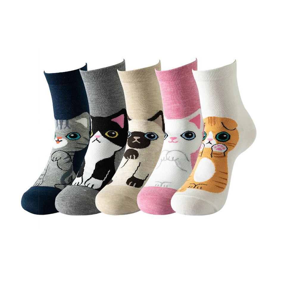 VNSPORT 5 Pairs Women Socks Cartoon Cat Cute Funny Personality Soft Comfortable Chrismas Gift High Quality Cotton Socks For Women