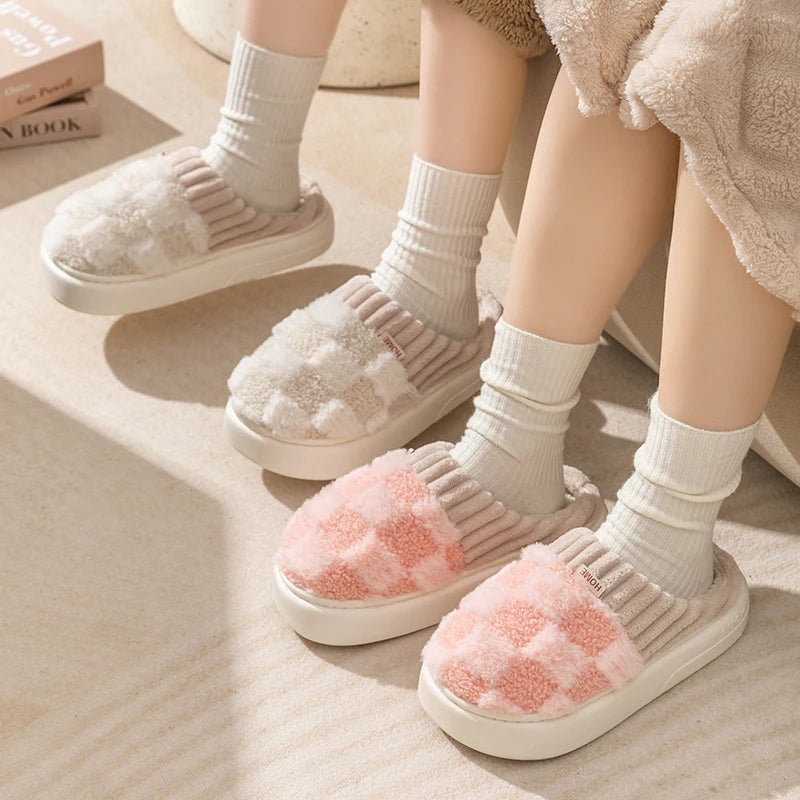 VNSPORT Fashion Couple Winter Toe Wrap Warm Plaid Cotton Slippers