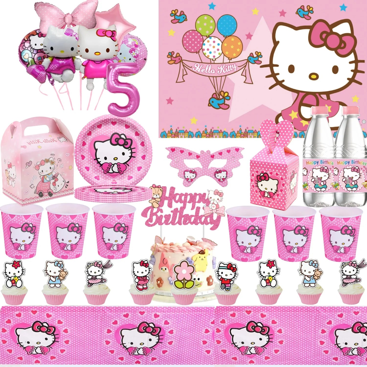 VNSPORT Hello Kawaii Kitty Birthday Party Decorations Kawaii Cat Tableware Plate Tablecloth Baby Shower DIY stickers Girls Gifts Party Supplies