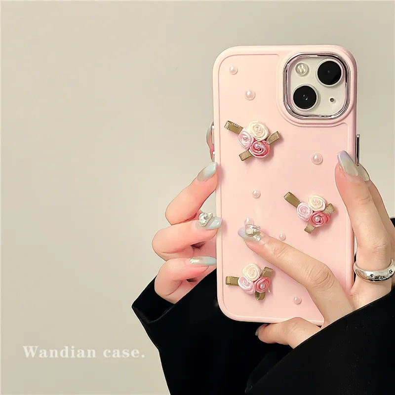 3D Cute Flower Pearl Heart Phone Case for iPhone 16 15 14 13 12 11 Pro Max Plus XS XR Shockproof Drop Protect Back Cover Luxury