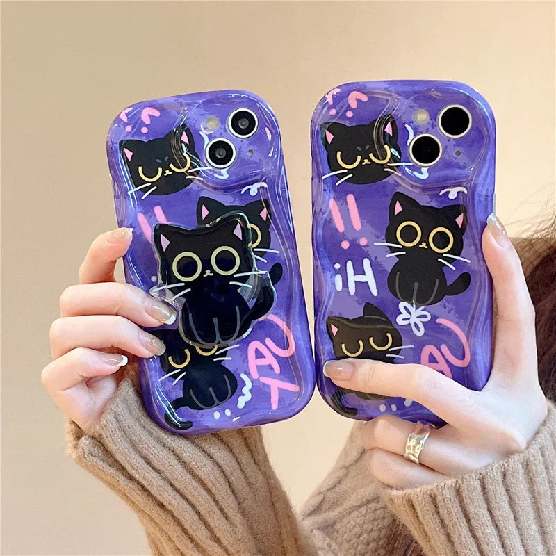Cute Dark Cat Grip Tok Holder Wave TPU Soft Phone Case for Samsung Galaxy S23 Ultra S24 Plus S25 S22 S21 S20 FE A30S A51 A31 A50