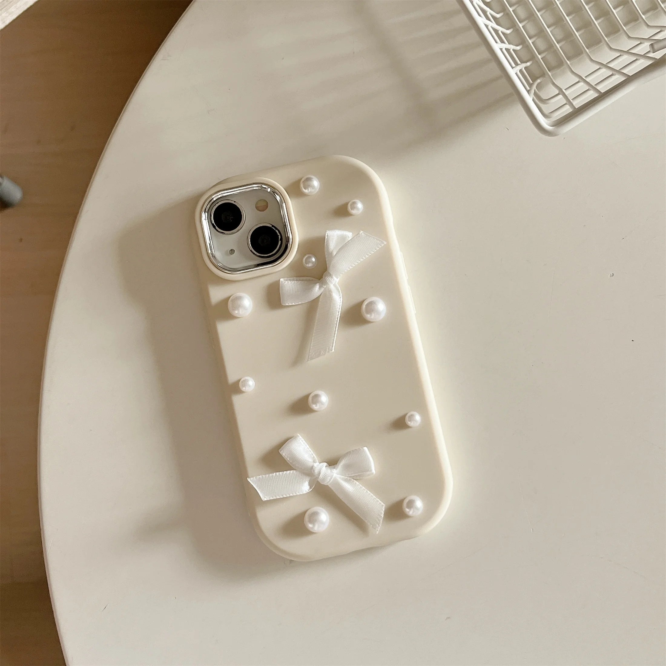 For iPhone 15 14 13 12 11 Pro Max Case 3D Pearl Bowknot Drop-proof Silicone Protective Cover