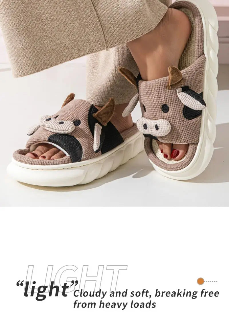 Cartoon Cute Cow House Slippers for Women – Platform Soft Sole, Anti-Slip, Lightweight Warm Plush Indoor Cozy Slides