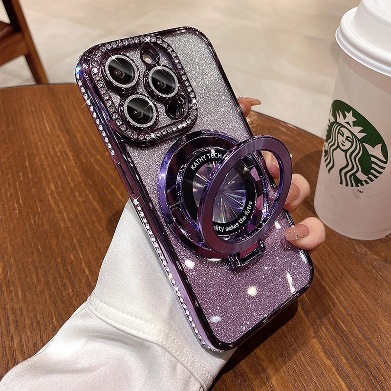 Luxury Plating For Magsafe Magnetic Stand Holder Glitter Diamond Case For iPhone 16 15 11 12 13 14 Pro Max Soft Silicone Cover
