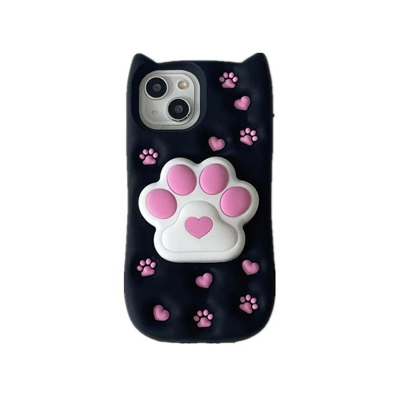 Cartoon Cute 3D Cat Paw Bracket Soft Silicone Case For iPhone 15 14 13 11 12 Pro Max Back Cover With Stand Holder