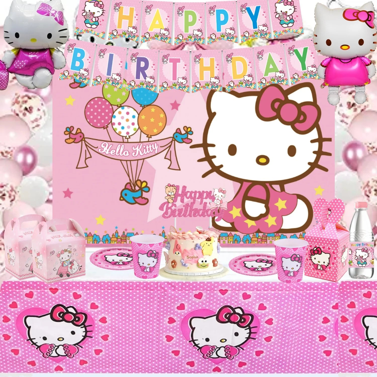 VNSPORT Hello Kawaii Kitty Birthday Party Decorations Kawaii Cat Tableware Plate Tablecloth Baby Shower DIY stickers Girls Gifts Party Supplies