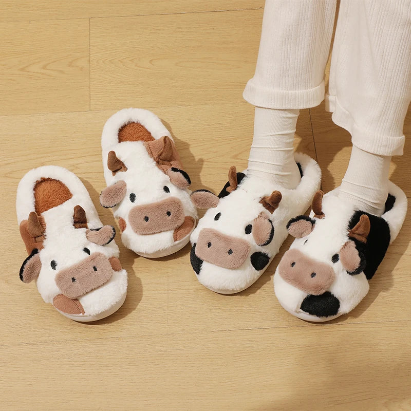 VNSPORT Winter Unisex Cartoon Cow Warm Plush Slippers