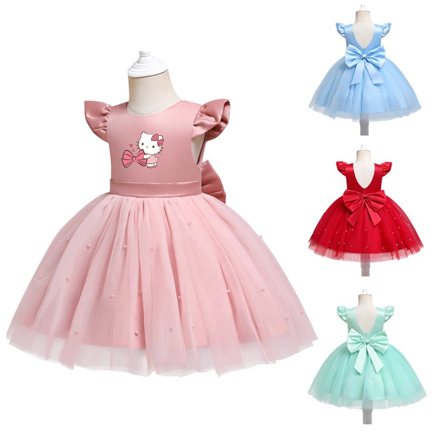 VNSPORT Hello Kitty Summer Girls Lace Dresses Tulle Tutu Princess Dresses Wedding Gown Party Wear Clothes Sleeveless birthday dress