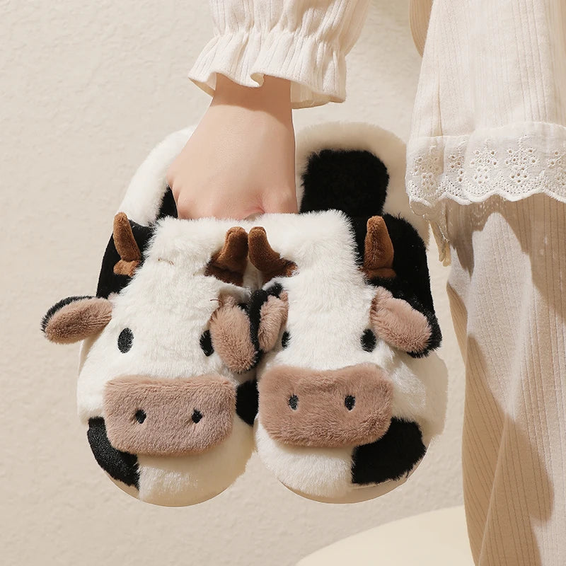 VNSPORT Winter Unisex Cartoon Cow Warm Plush Slippers