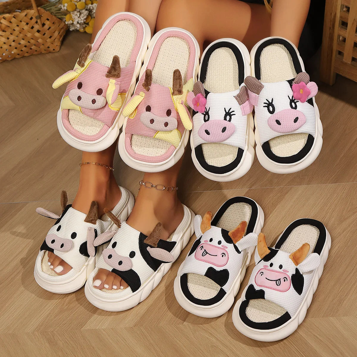 Cartoon Cute Cow House Slippers for Women – Platform Soft Sole, Anti-Slip, Lightweight Warm Plush Indoor Cozy Slides