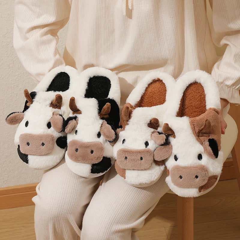 VNSPORT Winter Unisex Cartoon Cow Warm Plush Slippers