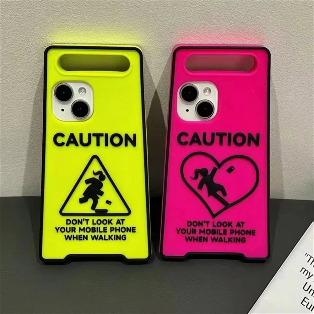 Glow-In-The-Dark Creative Funny Warning Sign Phone Case For iPhone16 15 13 14 12 11ProMax Lovely Street Fashion Soft Back Cover