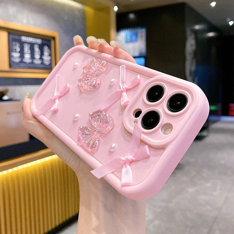 3D Bow Pearl Decorated Phone Case For iPhone 16 15 14 13 12 11 Pro Max 16E XS X XR 7 8 Plus SE2 Shockproof Silicone Soft Cover