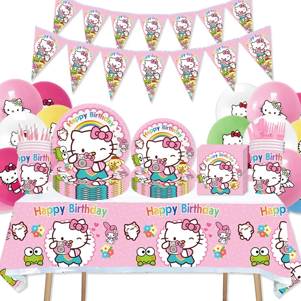 VNSPORT Hello Kitty Party Tableware Set - Cups, Plates, Napkins, Straws for Kids