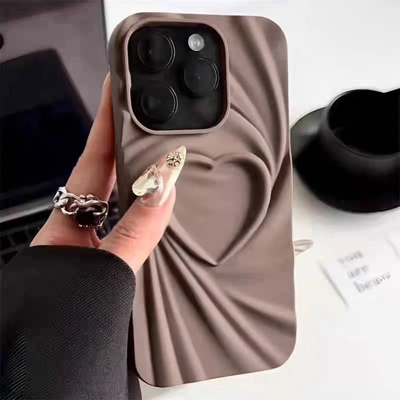 Phone Case For iPhone 13 14 15 Pro Max 16 Plus 11 12 ProMax Soft Matte Silicone Full Cover Fashion Fold Wrinkle 3D Love Heart