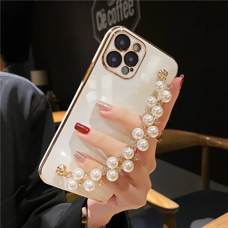 Plating Pearl Bracelet Chain Soft Phone Case For iPhone 15 13 14 12 Pro Max 11 XS X XR 7 8 Plus Glitter Silicone Cover