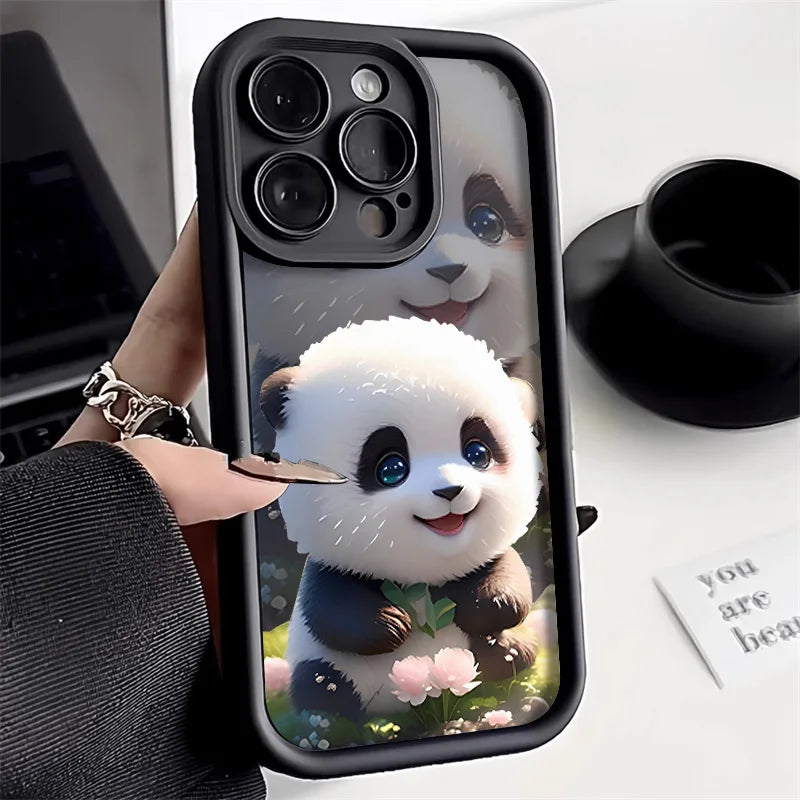 Soft Liquid Silicone Phone Case For iPhone 15 Pro 13 11 12 16 14 Pro Max XR XS X 7 8 Plus SE Shockproof Bumper Cute Panda Cover