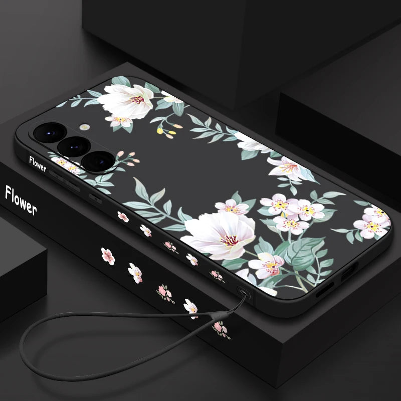 Black White Floral Pattern Lanyard Case For Samsung Galaxy S25 S24 Ultra S23 S22 Plus S21 FE A15 A16 A35 A36 A56 A54 A55 5G Capa