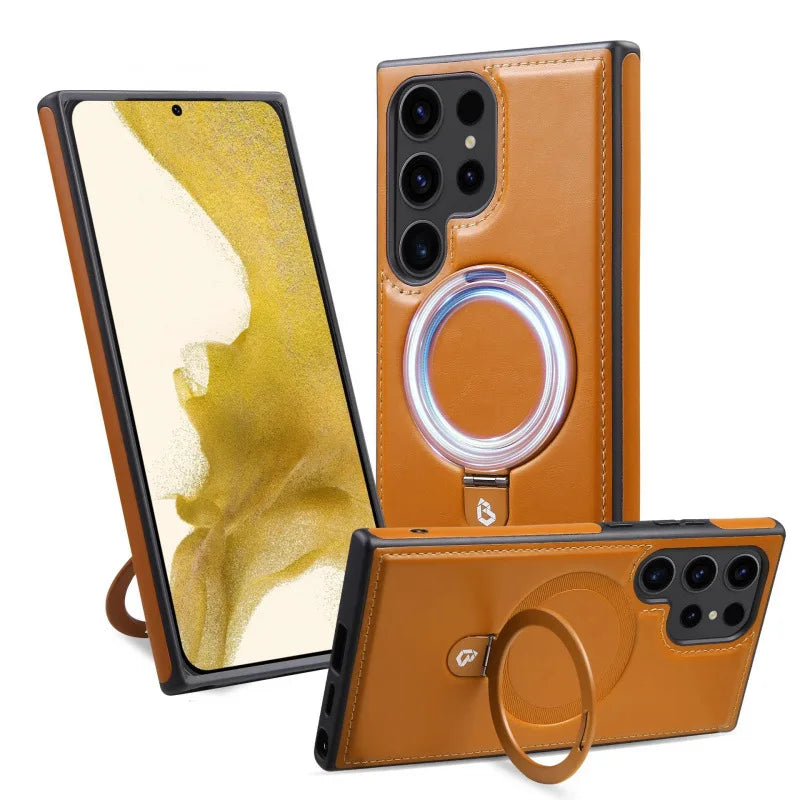 Luxury Magnetic Bracket PU Leather Phone Case, For Samsung Galaxy Series S25 S24 S23 S22 Ultra Magsafe Wireless Charging Case